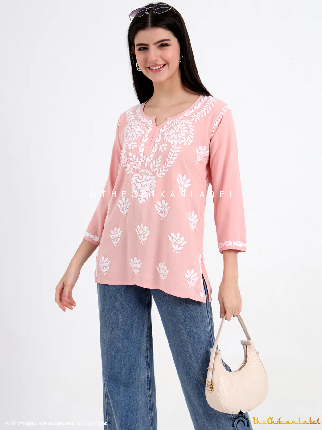 Chahat Rayon Chikankari Short Top - Peach - Image 7