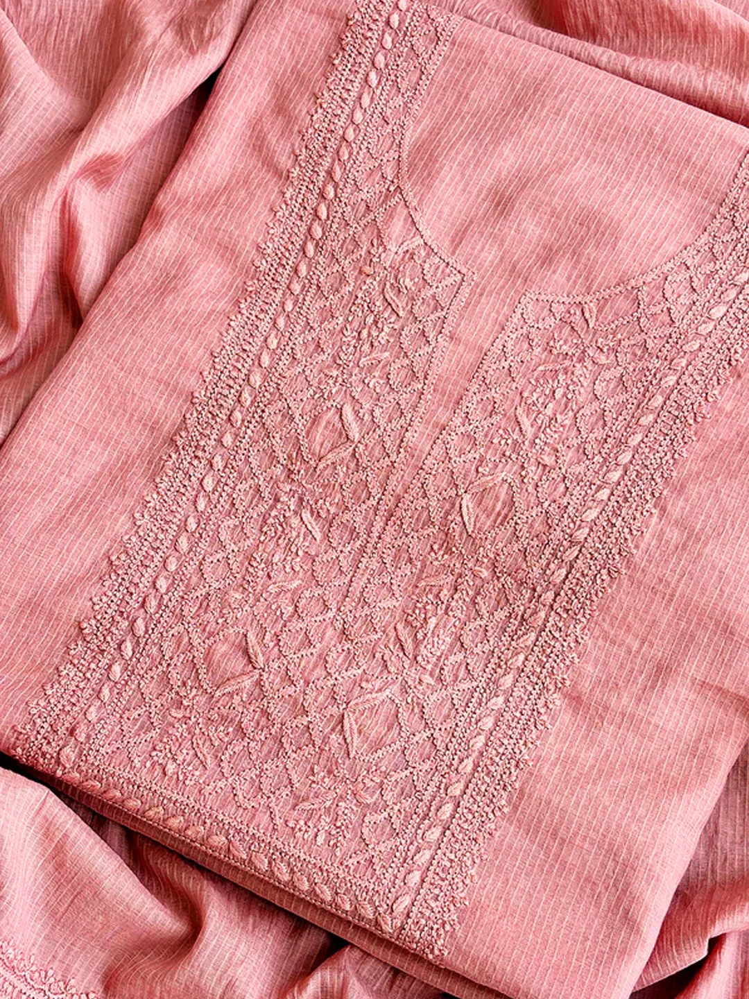 Peach Chanderi Chikankari Un-stitched Kurti Piece with Dupatta - Image 2