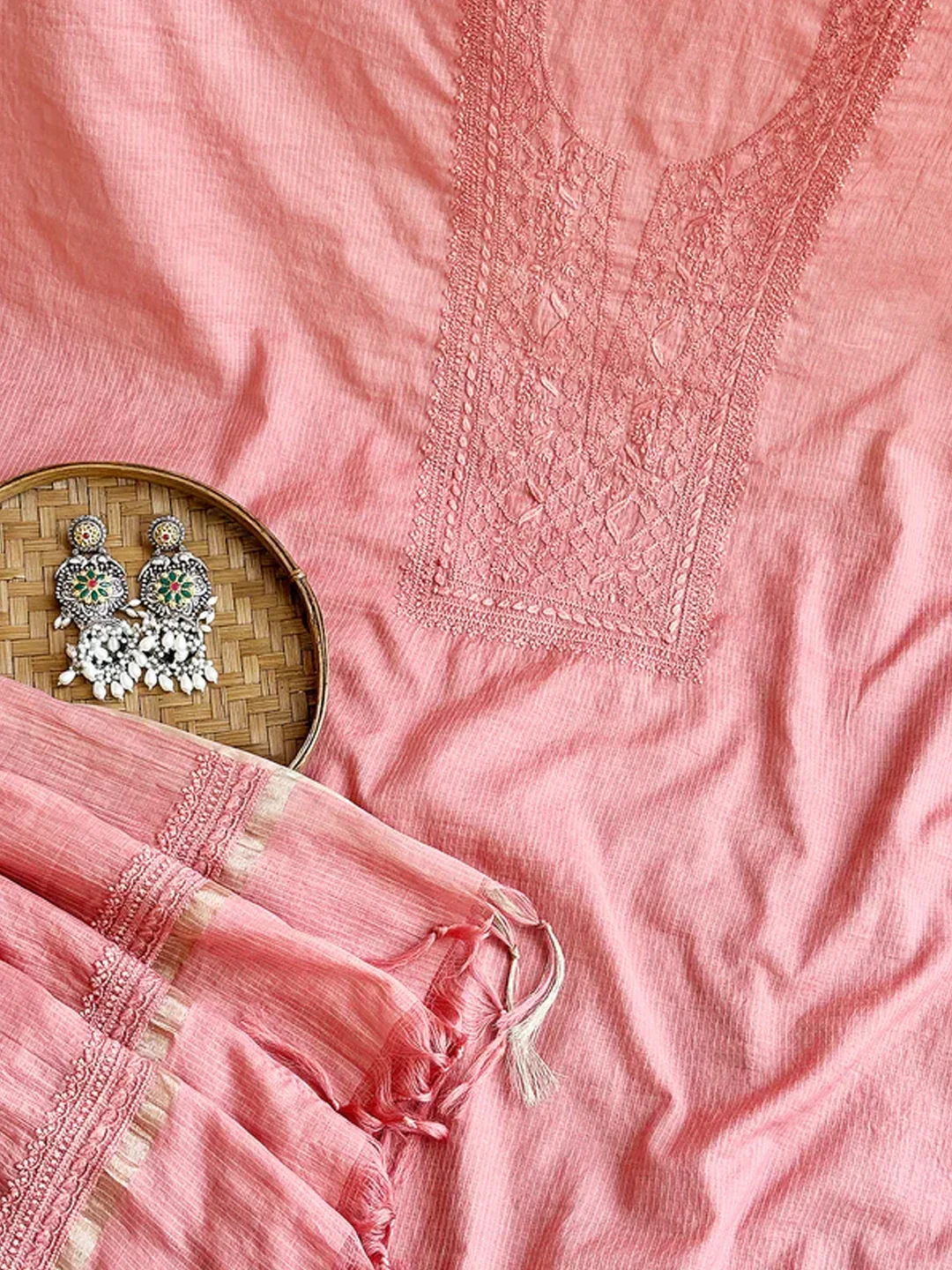 Peach Chanderi Chikankari Un-stitched Kurti Piece with Dupatta - Image 3