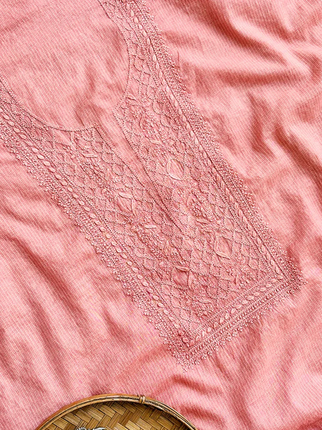 Peach Chanderi Chikankari Un-stitched Kurti Piece with Dupatta - Image 4
