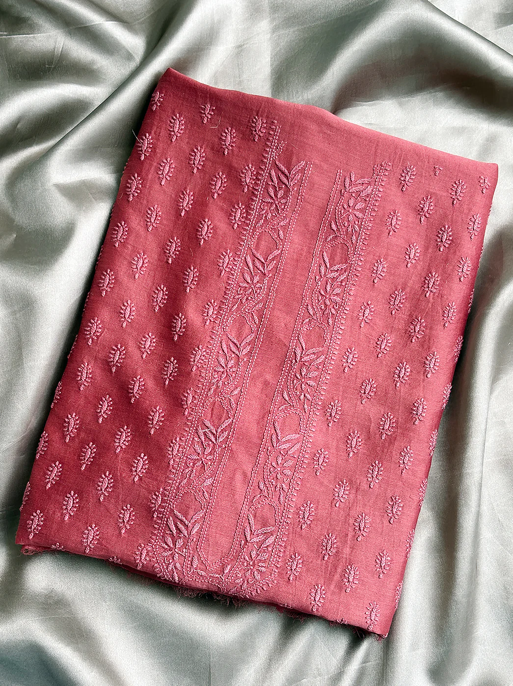 Peach Chanderi Mens Un-stitched Chikankari Kurta