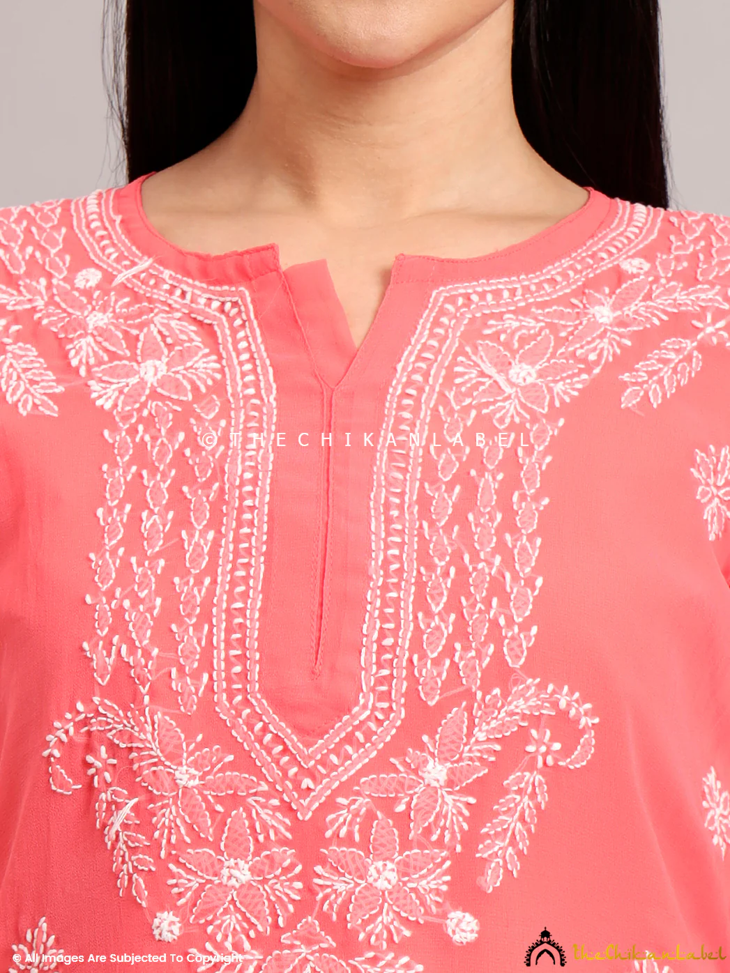 Darshana Georgette Chikankari Straight Kurti with Inner - Peach - Image 2