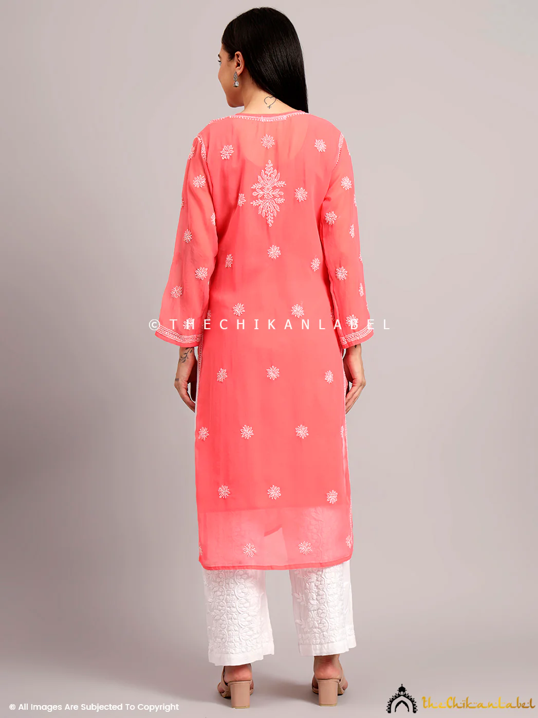 Darshana Georgette Chikankari Straight Kurti with Inner - Peach - Image 3