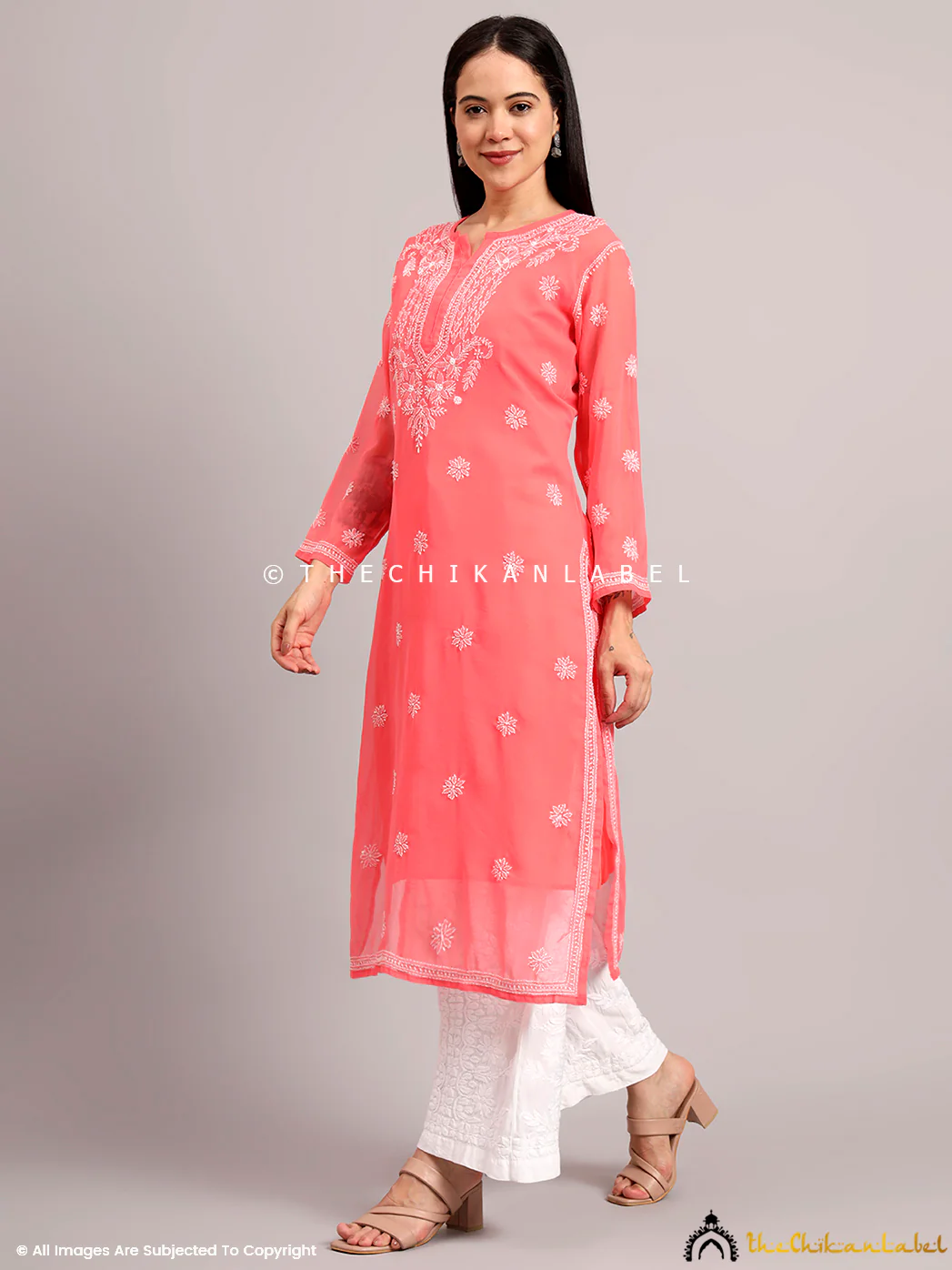 Darshana Georgette Chikankari Straight Kurti with Inner - Peach - Image 4
