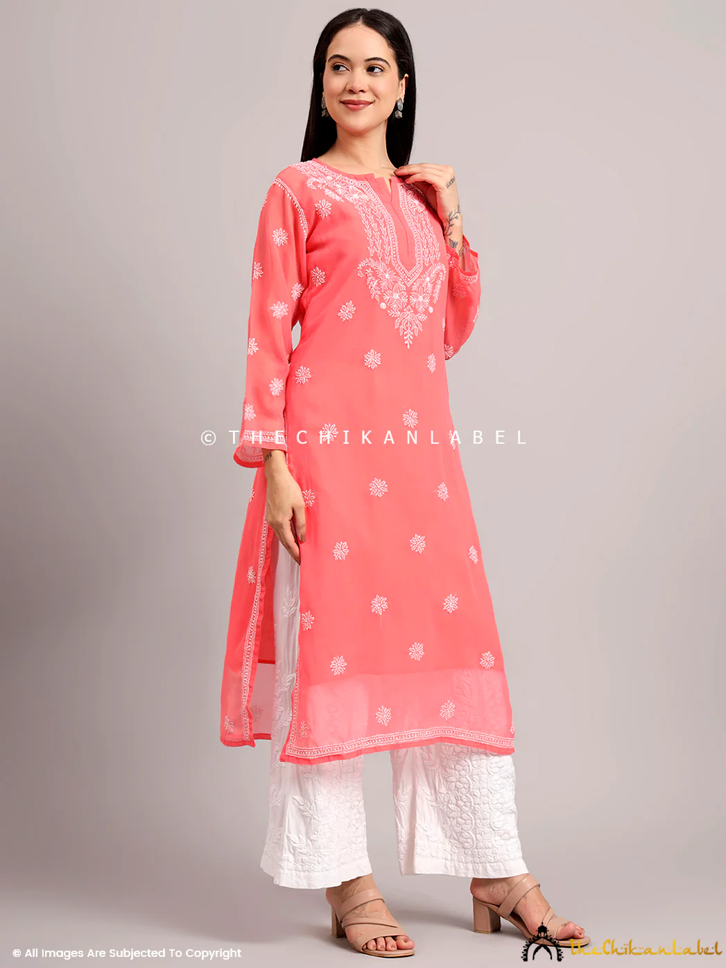 Darshana Georgette Chikankari Straight Kurti with Inner - Peach - Image 5