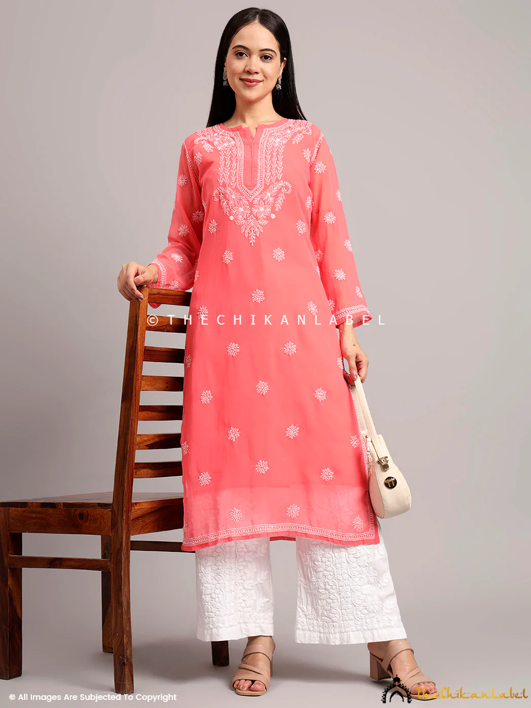 Darshana Georgette Chikankari Straight Kurti with Inner - Peach - Image 6
