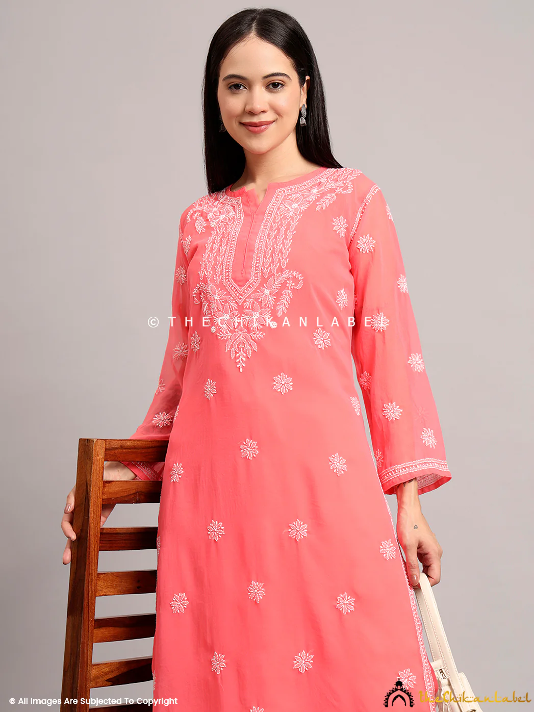 Darshana Georgette Chikankari Straight Kurti with Inner - Peach - Image 7