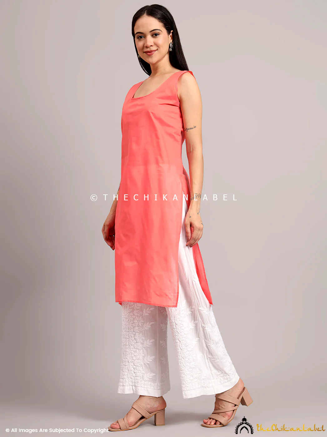 Darshana Georgette Chikankari Straight Kurti with Inner - Peach - Image 8