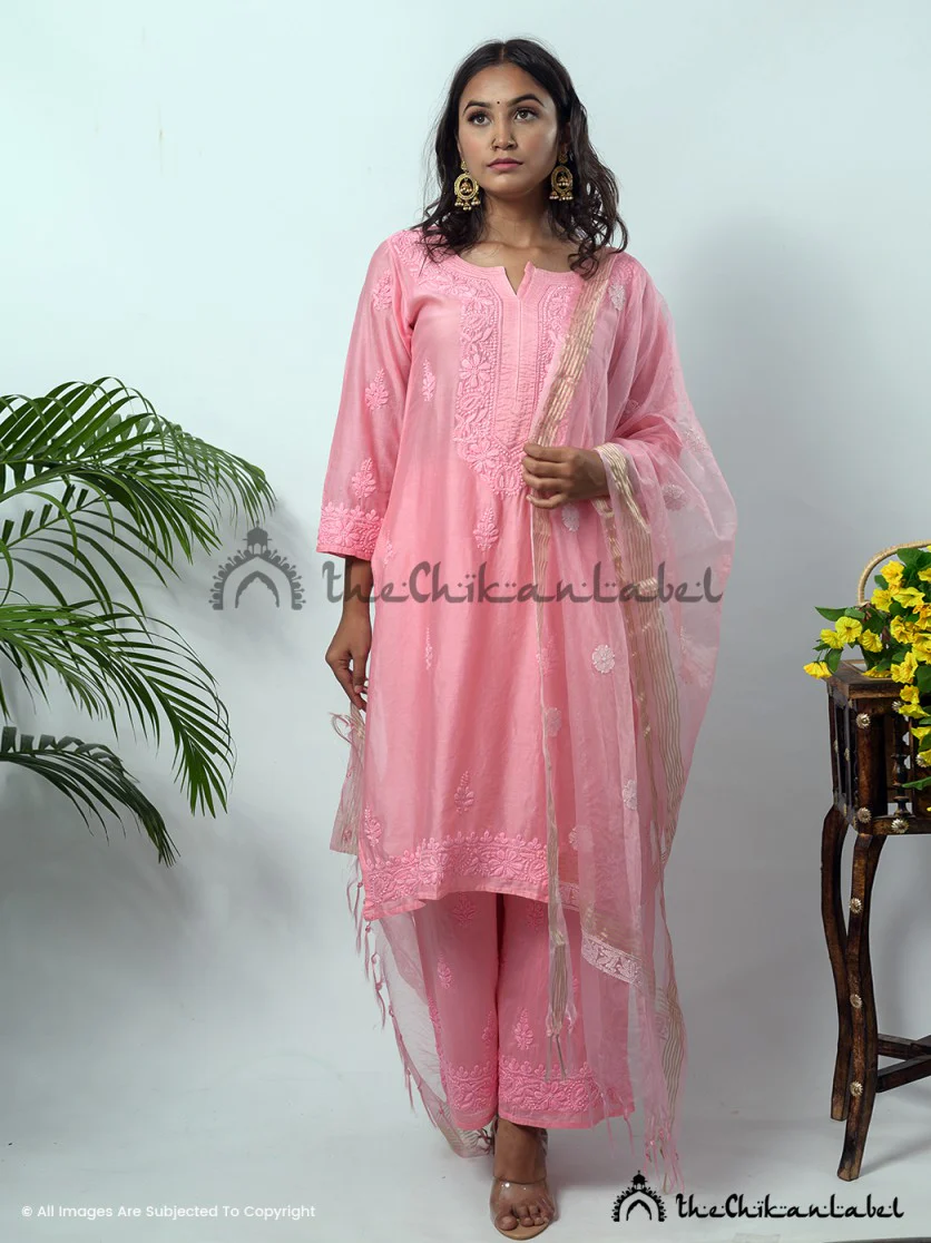 Peach Hiba Chanderi Chikankari Kurta Set - Image 3