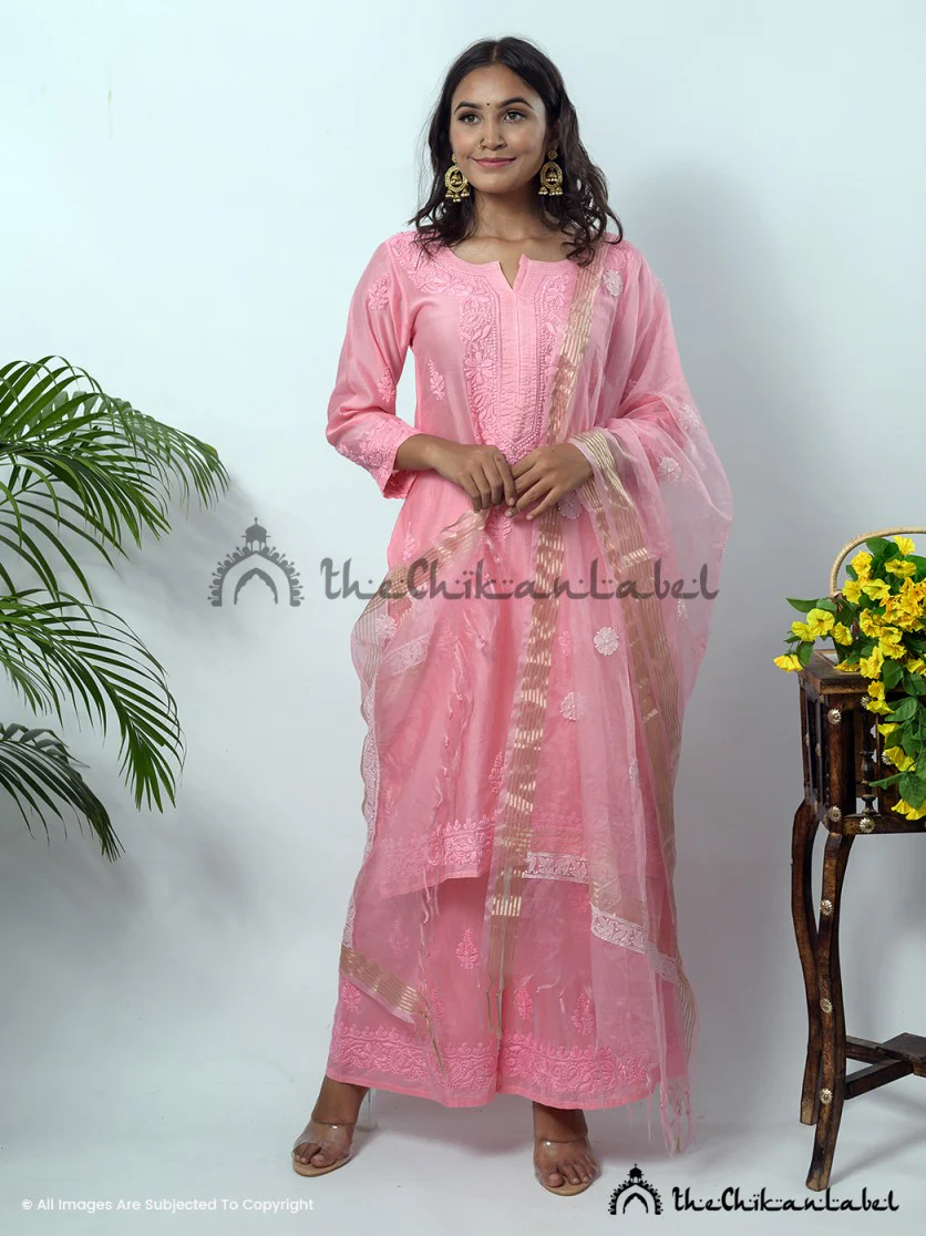 Peach Hiba Chanderi Chikankari Kurta Set - Image 4