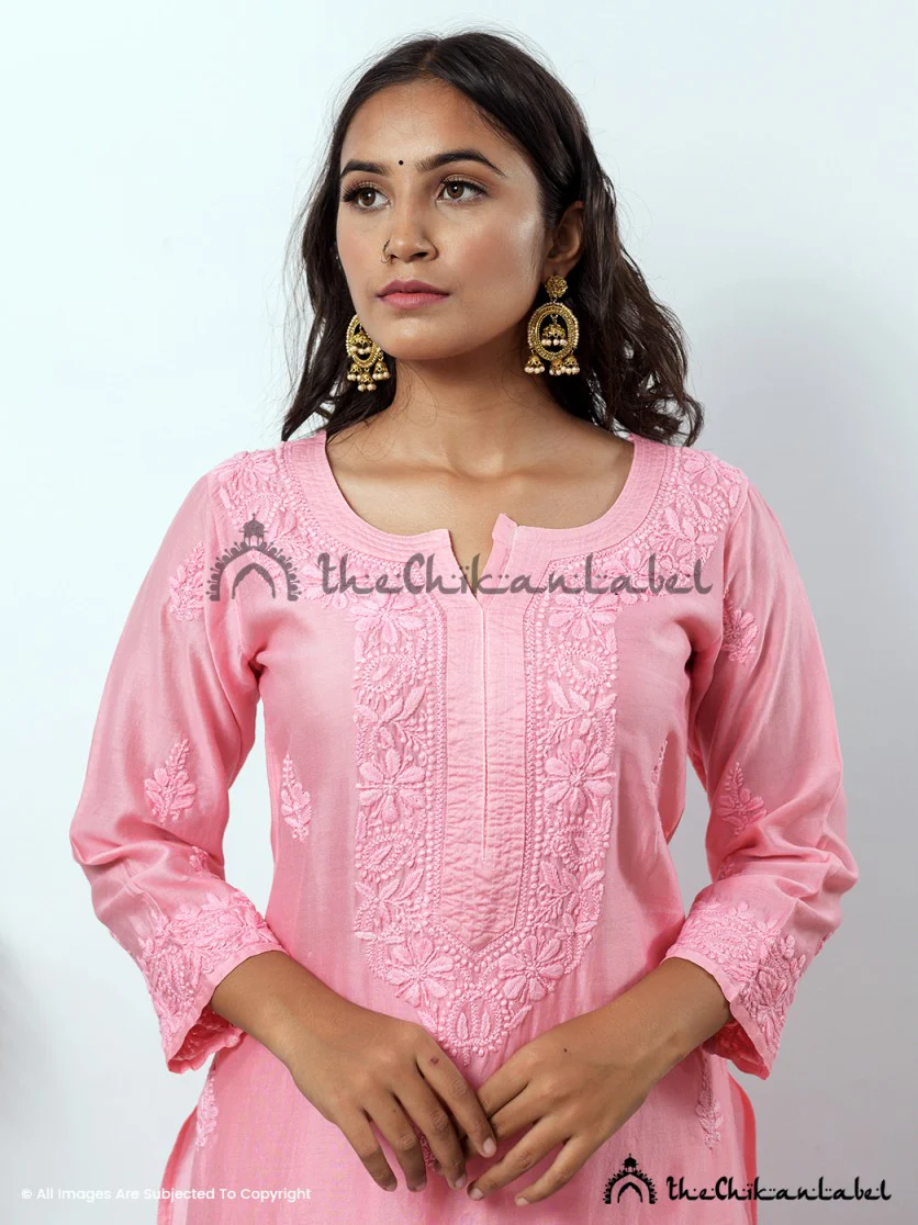 Peach Hiba Chanderi Chikankari Kurta Set - Image 5