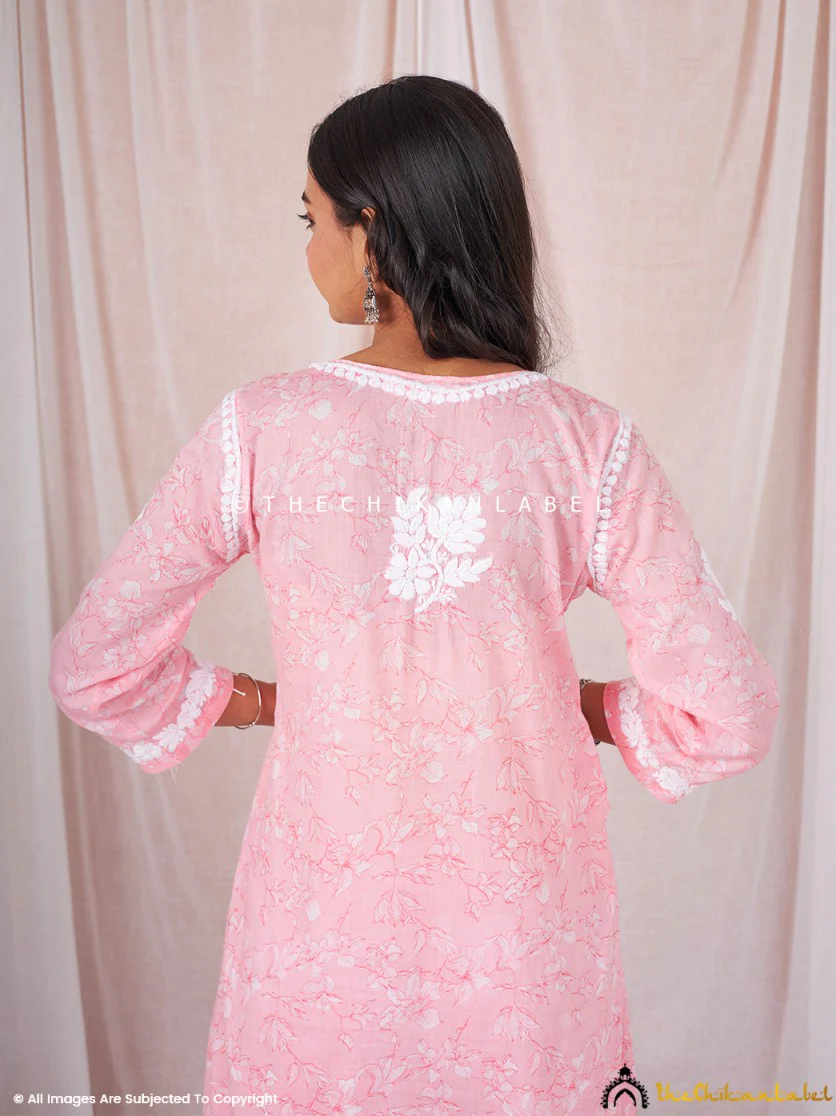 Kavya Mulmul Chikankari Kurta Set - Peach - Image 3