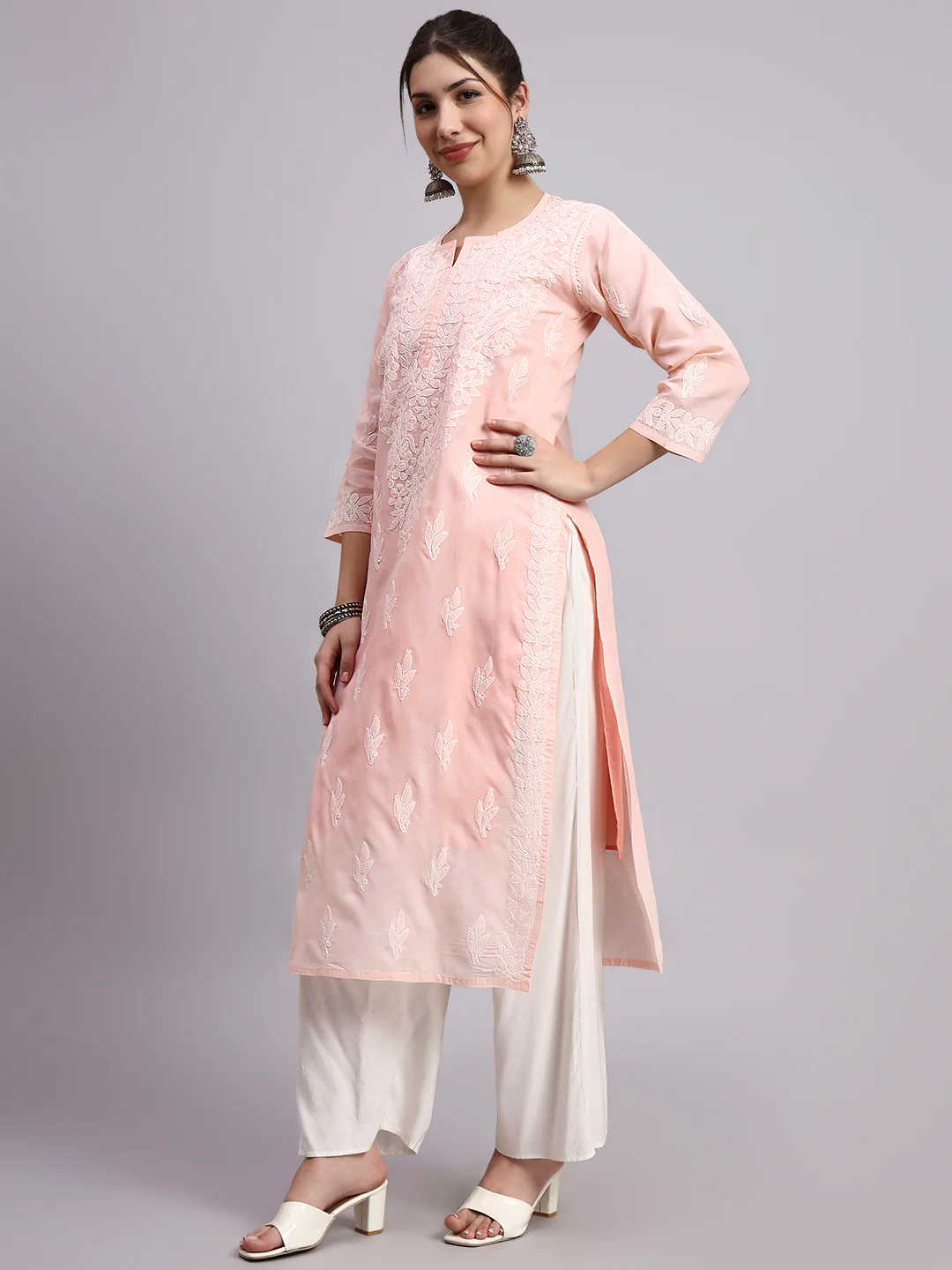 Peach Layla Cotton Chikankari Straight Kurti with inner - Image 2