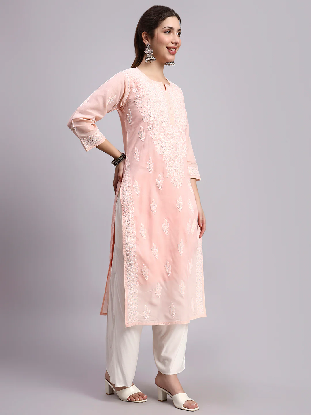 Peach Layla Cotton Chikankari Straight Kurti with inner - Image 3