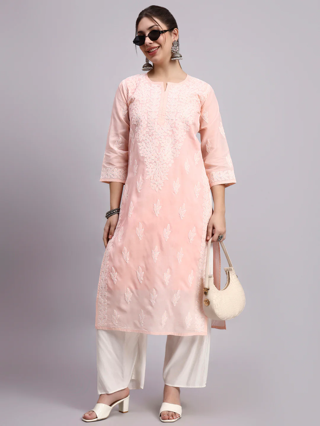 Peach Layla Cotton Chikankari Straight Kurti with inner - Image 6