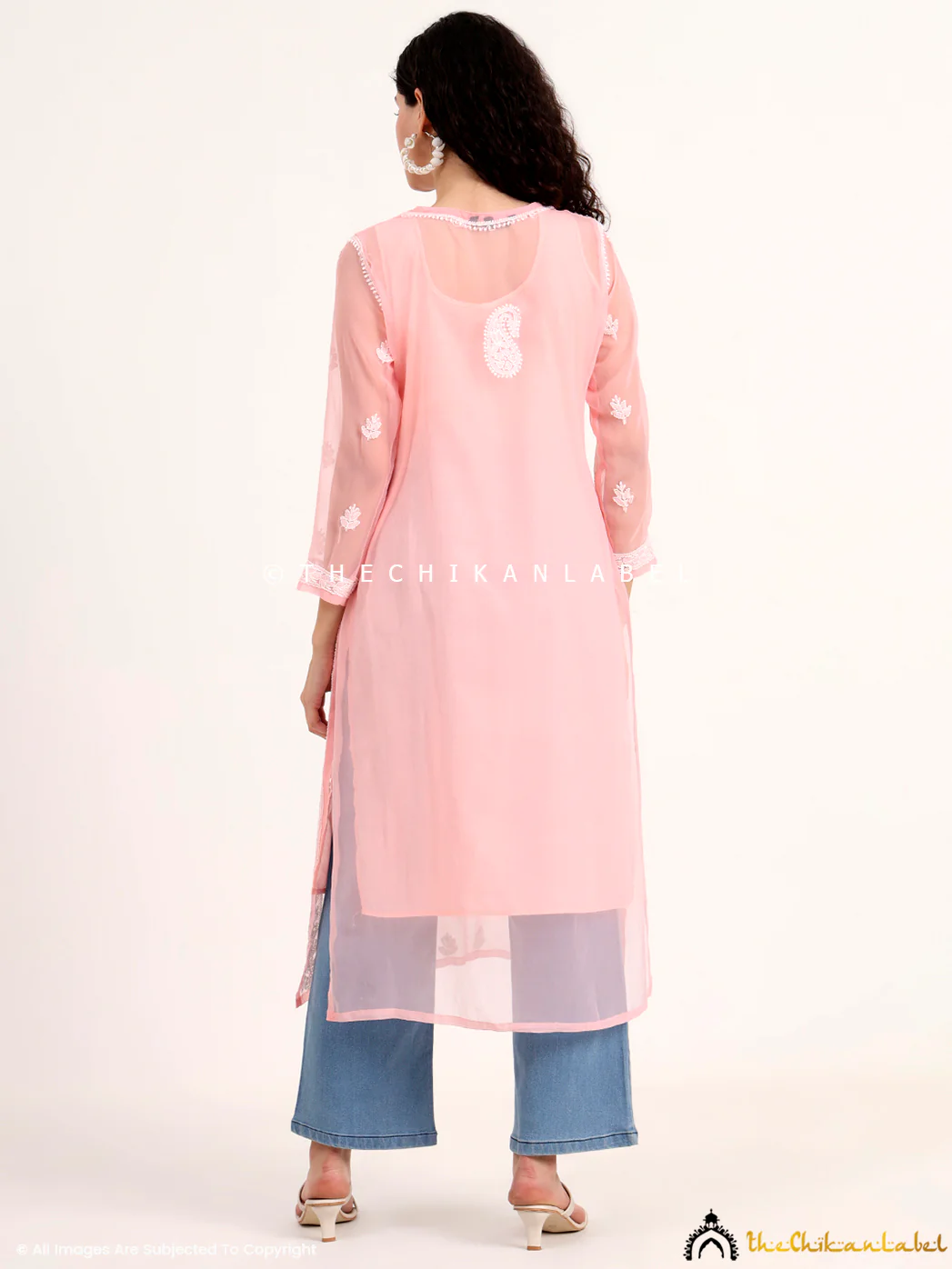 Mahak Georgette Chikankari Straight Kurti with Inner - Peach - Image 3