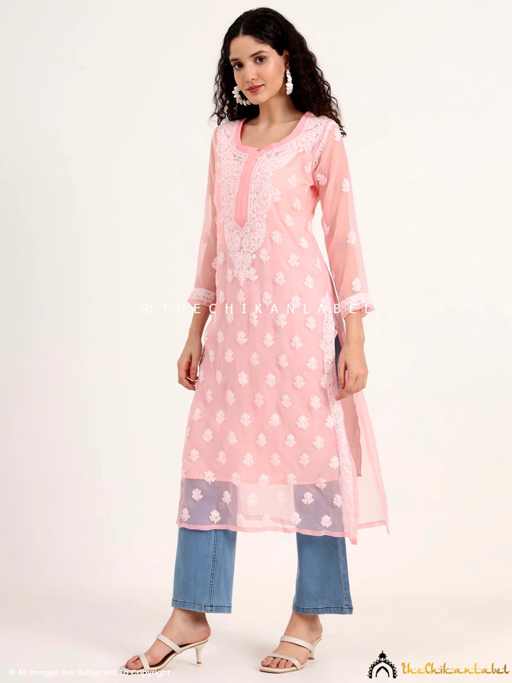 Mahak Georgette Chikankari Straight Kurti with Inner - Peach - Image 4