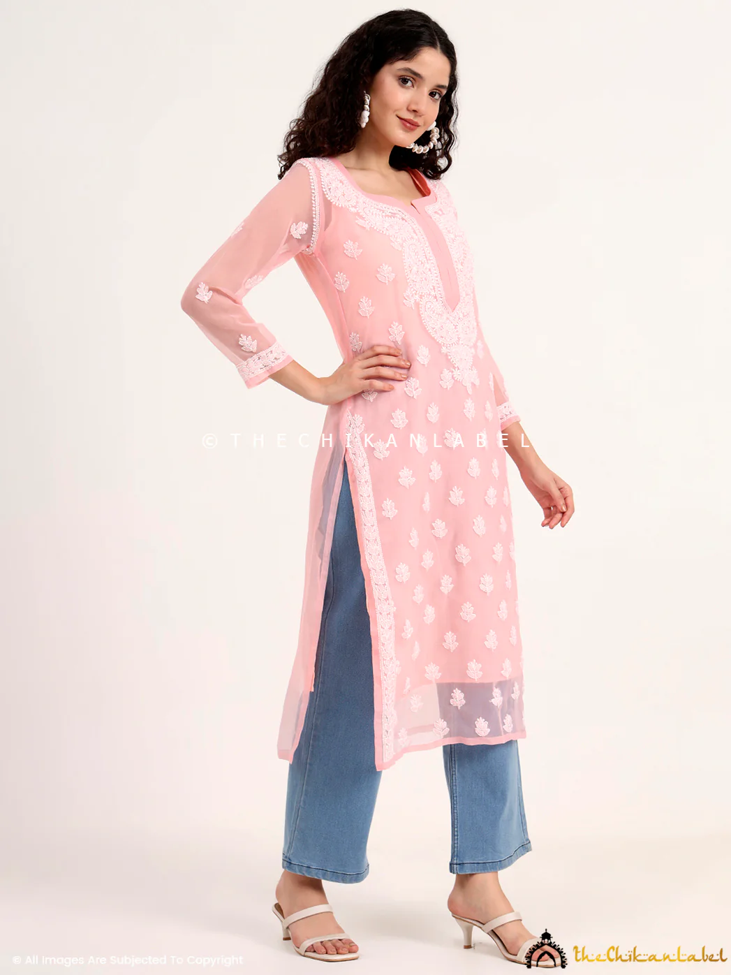 Mahak Georgette Chikankari Straight Kurti with Inner - Peach - Image 5