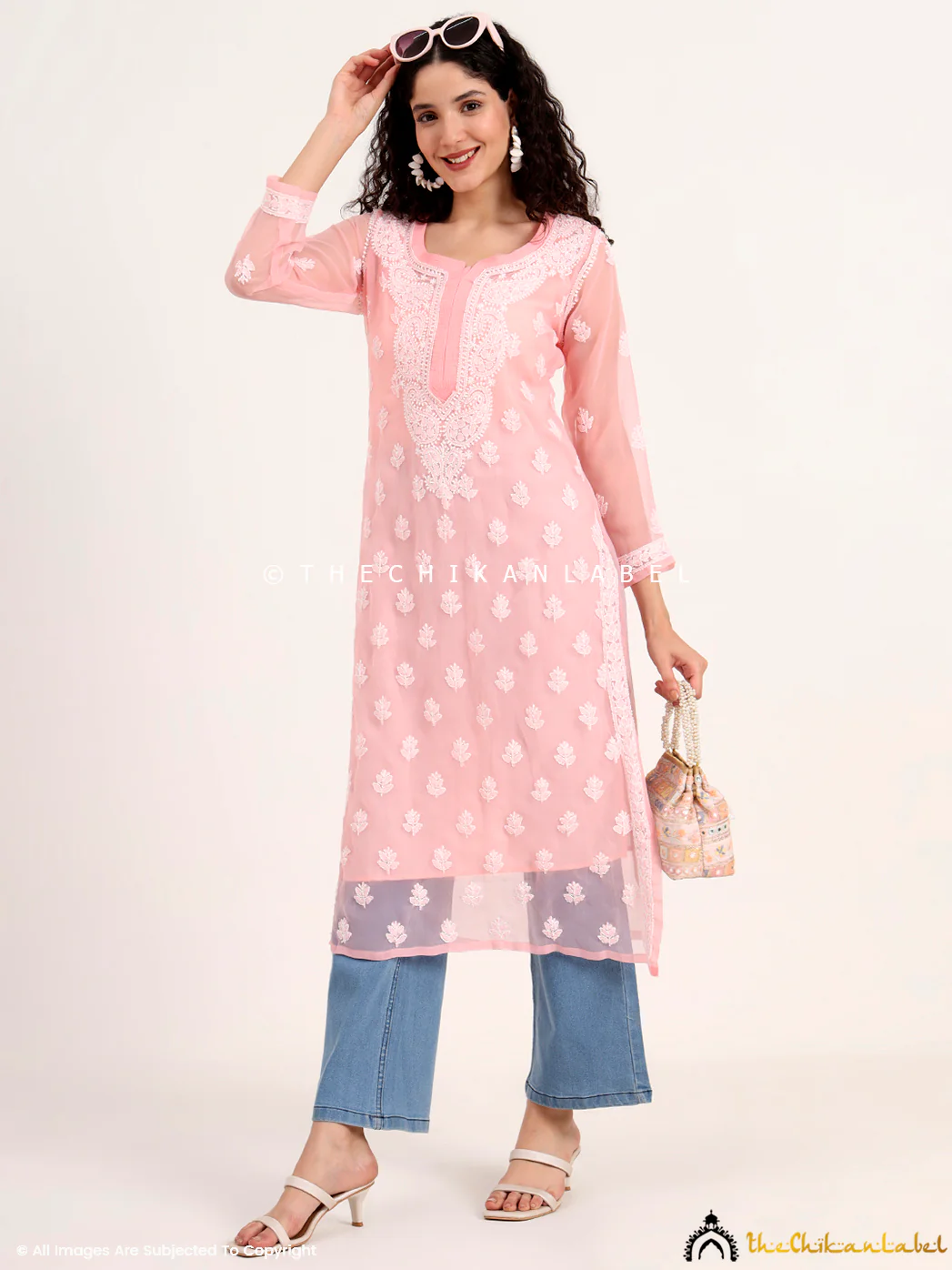 Mahak Georgette Chikankari Straight Kurti with Inner - Peach - Image 6