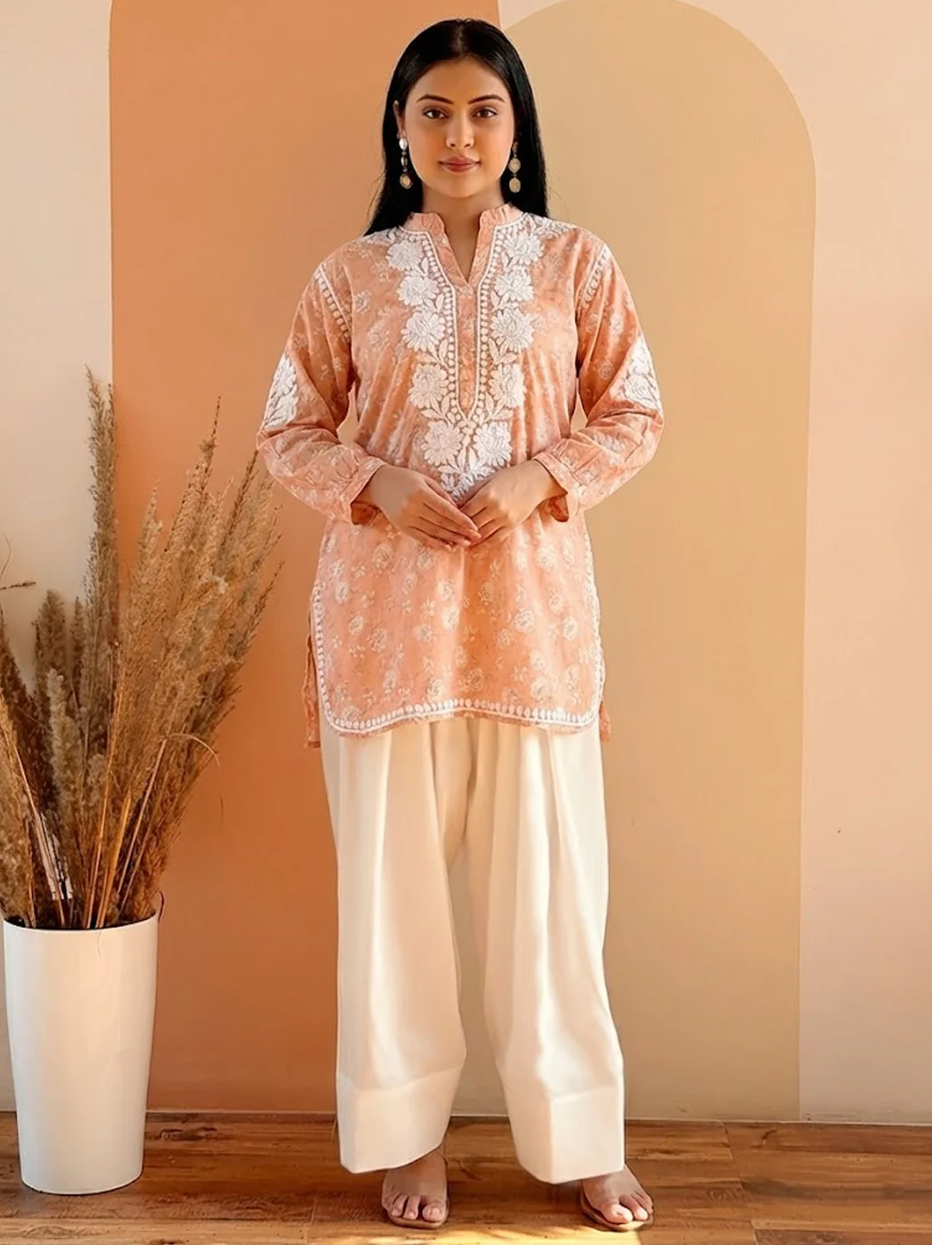Peach Mulmul Printed Chikankari Farshi Salwar Set - Image 3