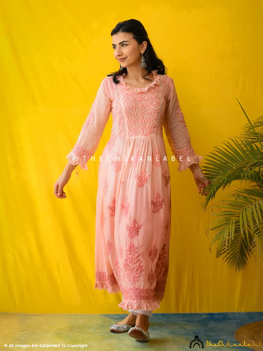 Peach Noori Muslin Chikankari Anarkali - Image 2