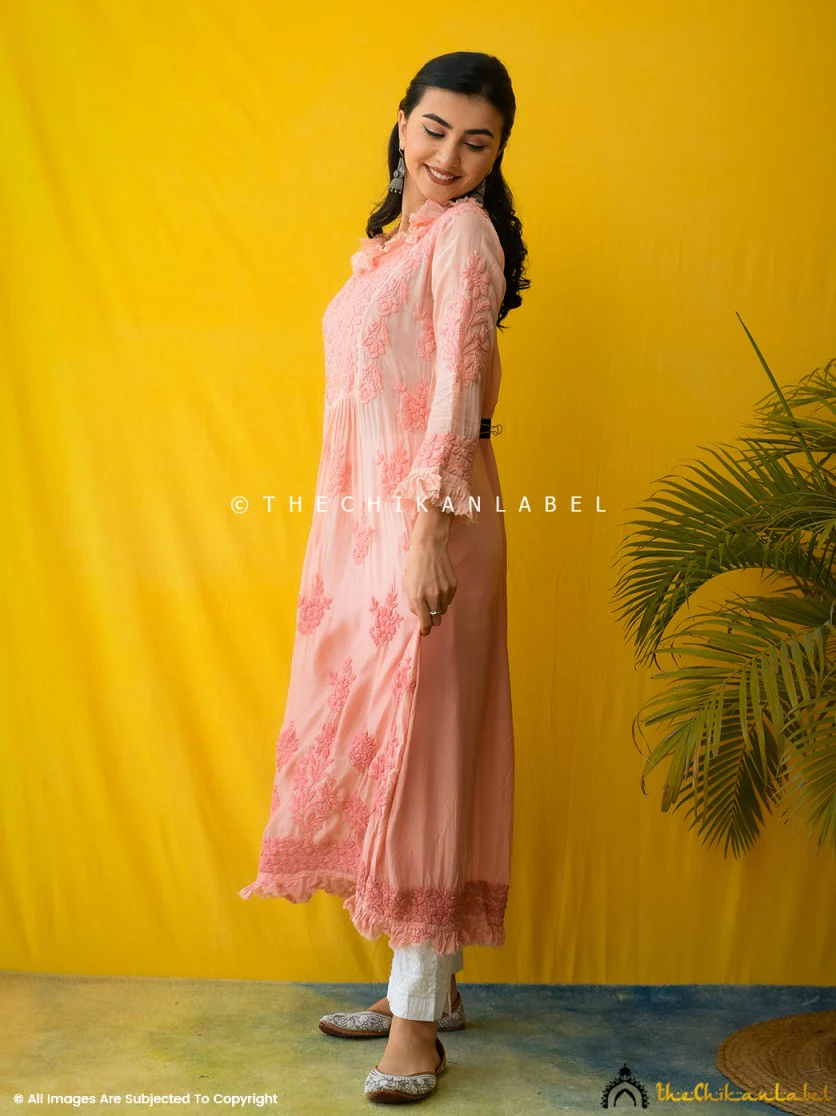 Peach Noori Muslin Chikankari Anarkali - Image 3