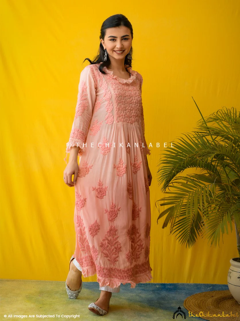 Peach Noori Muslin Chikankari Anarkali - Image 4