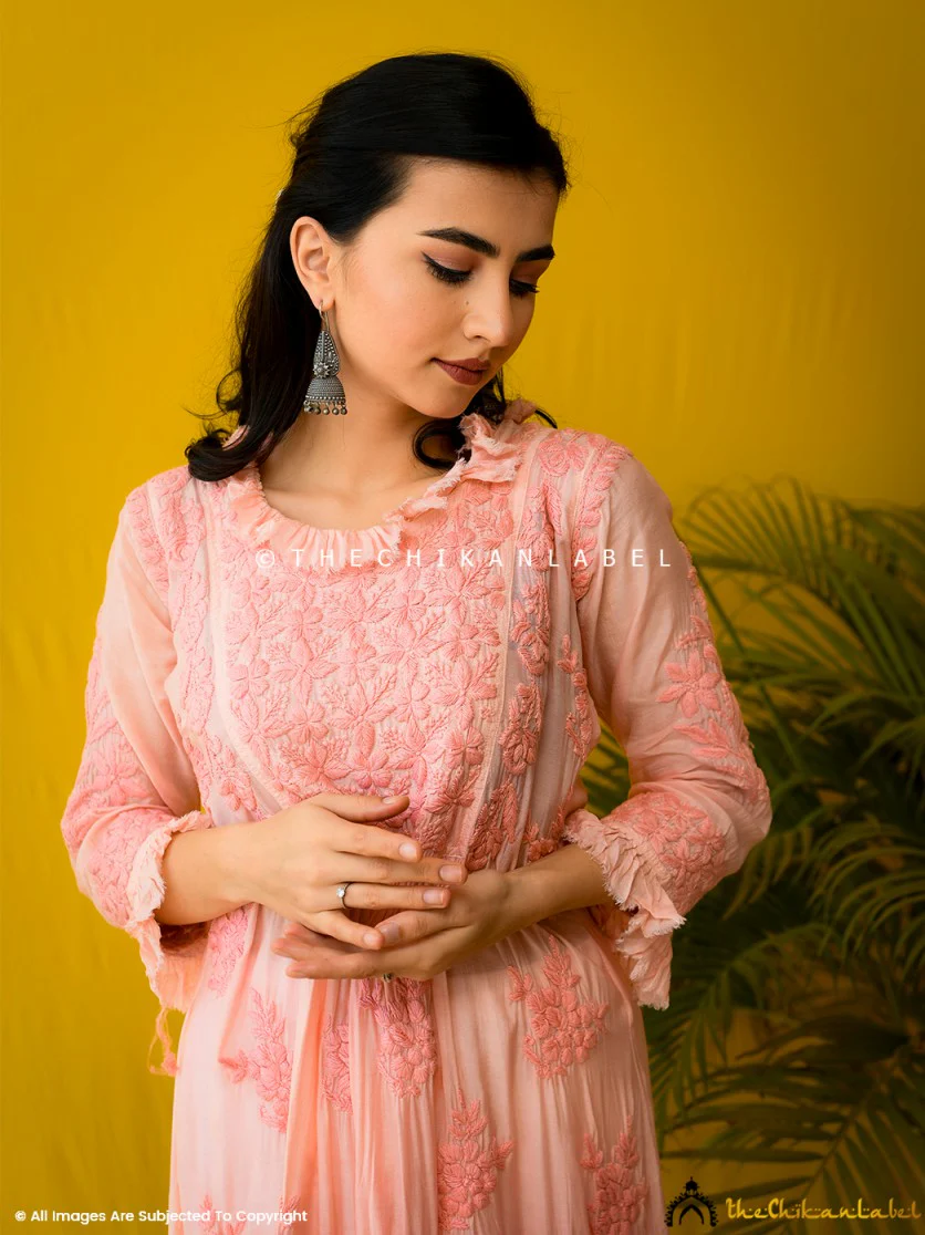 Peach Noori Muslin Chikankari Anarkali - Image 5