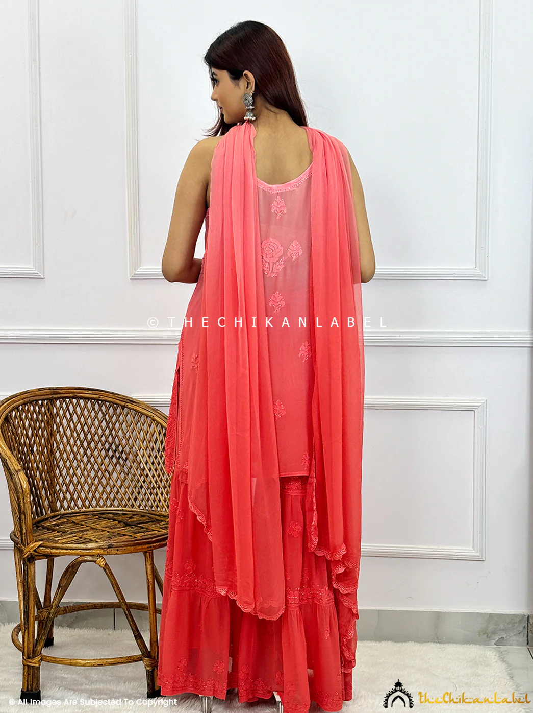 Ombre Jia Viscose Chikankari Strappy Kurta Set - Peach - Image 3