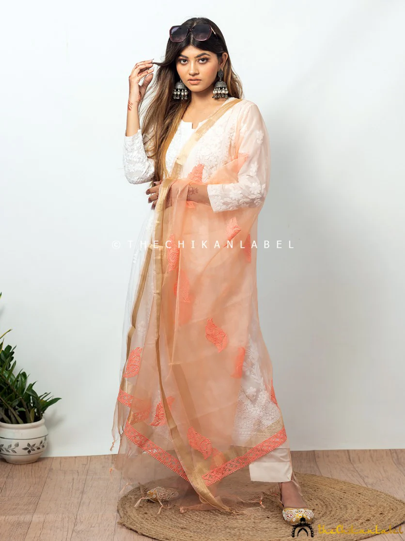 Peach Organza Chikankari Dupatta Lucknawi Chikan Handmade Stole Scarf - Image 3