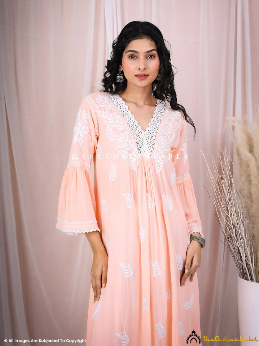 Ruhina Modal Chikankari A-Line Kurti - Peach - Image 2