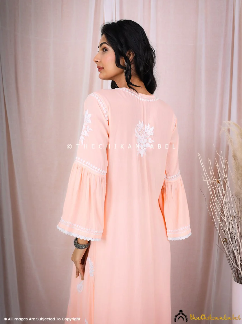 Ruhina Modal Chikankari A-Line Kurti - Peach - Image 3