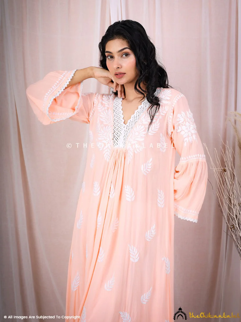Ruhina Modal Chikankari A-Line Kurti - Peach - Image 4