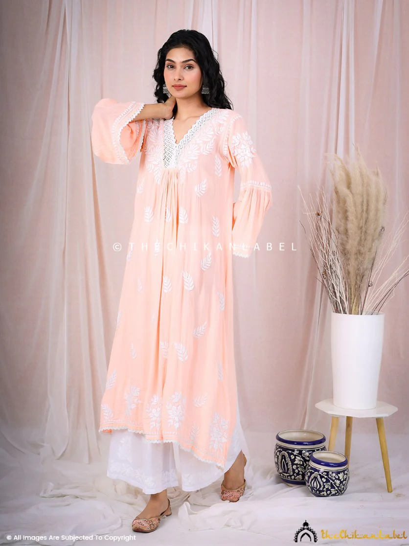 Ruhina Modal Chikankari A-Line Kurti - Peach - Image 5