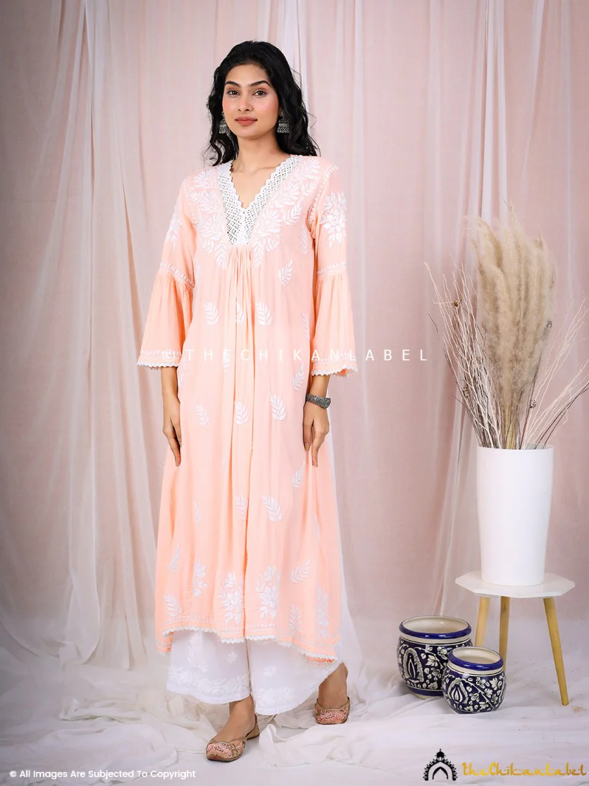 Ruhina Modal Chikankari A-Line Kurti - Peach - Image 6