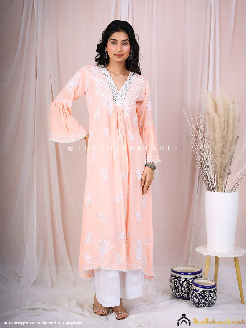 Ruhina Modal Chikankari A-Line Kurti - Peach - Image 7