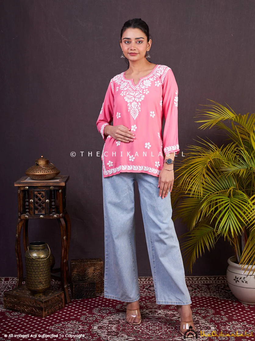 Sangeet Modal Chikankari Short Kurta-Peach - Image 2