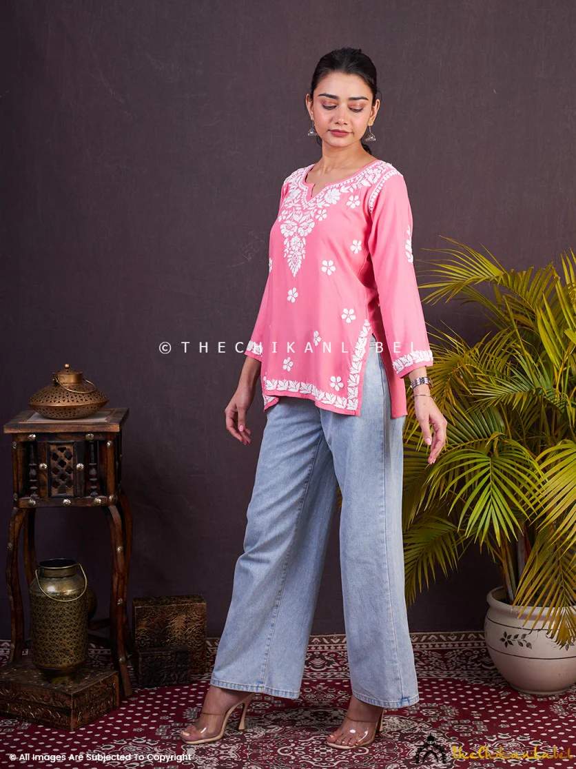 Sangeet Modal Chikankari Short Kurta-Peach - Image 3