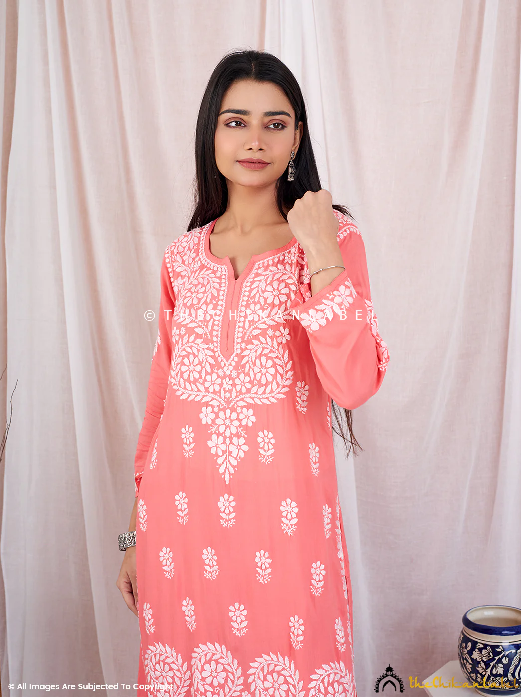 peach sun modal chikankari kurta garara set 1 - Image 2