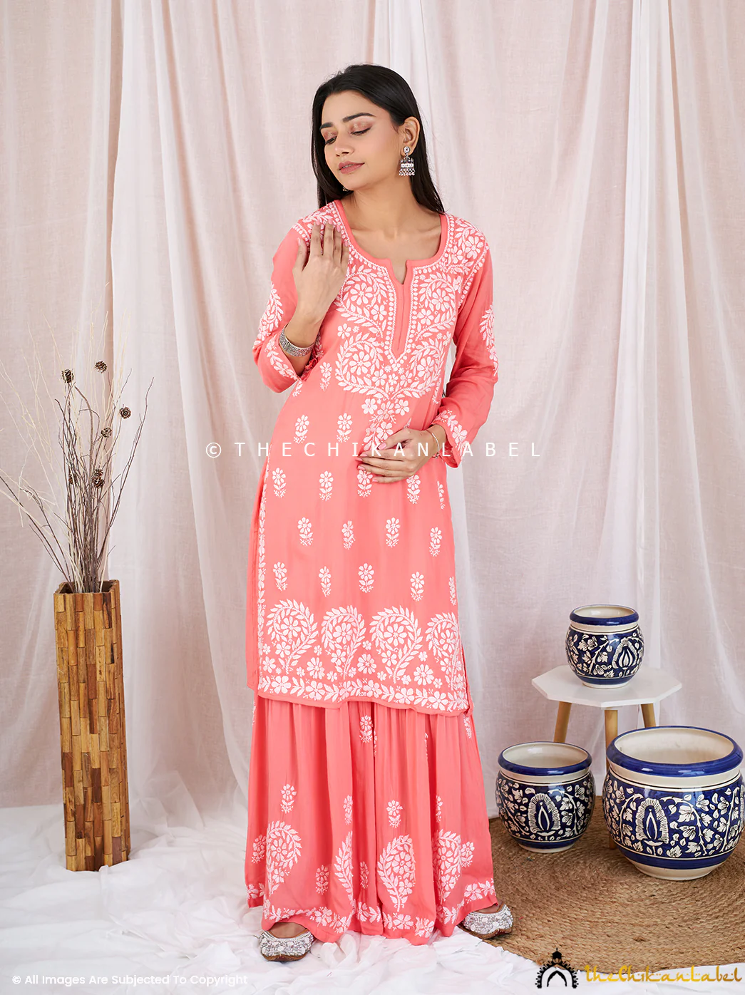 peach sun modal chikankari kurta garara set 1 - Image 3