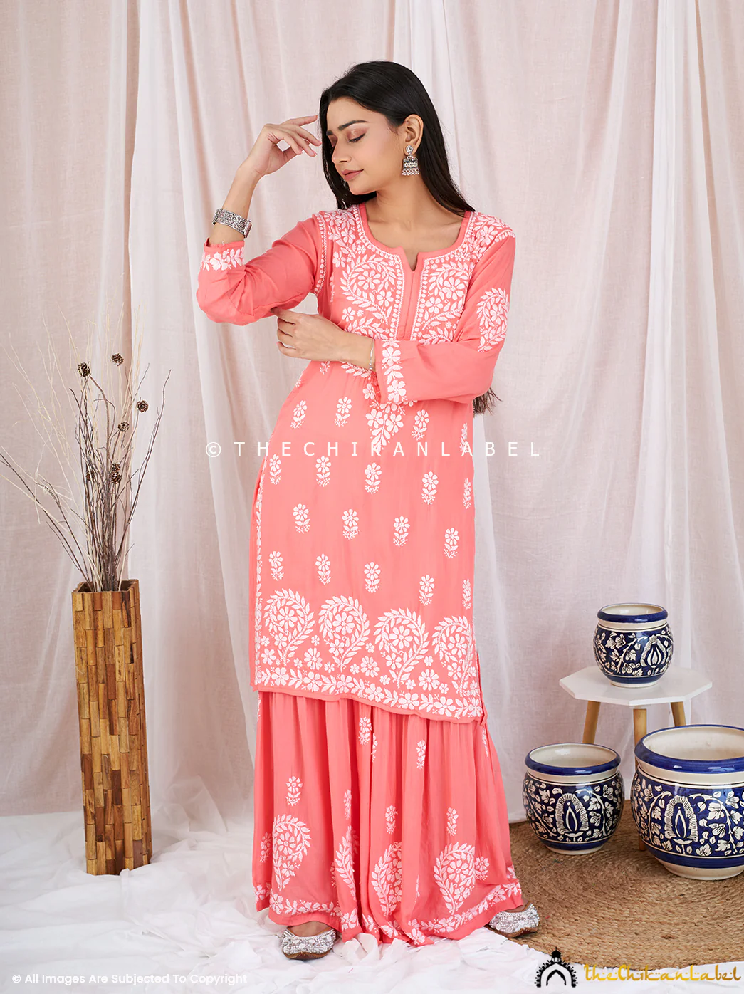 peach sun modal chikankari kurta garara set 1 - Image 4