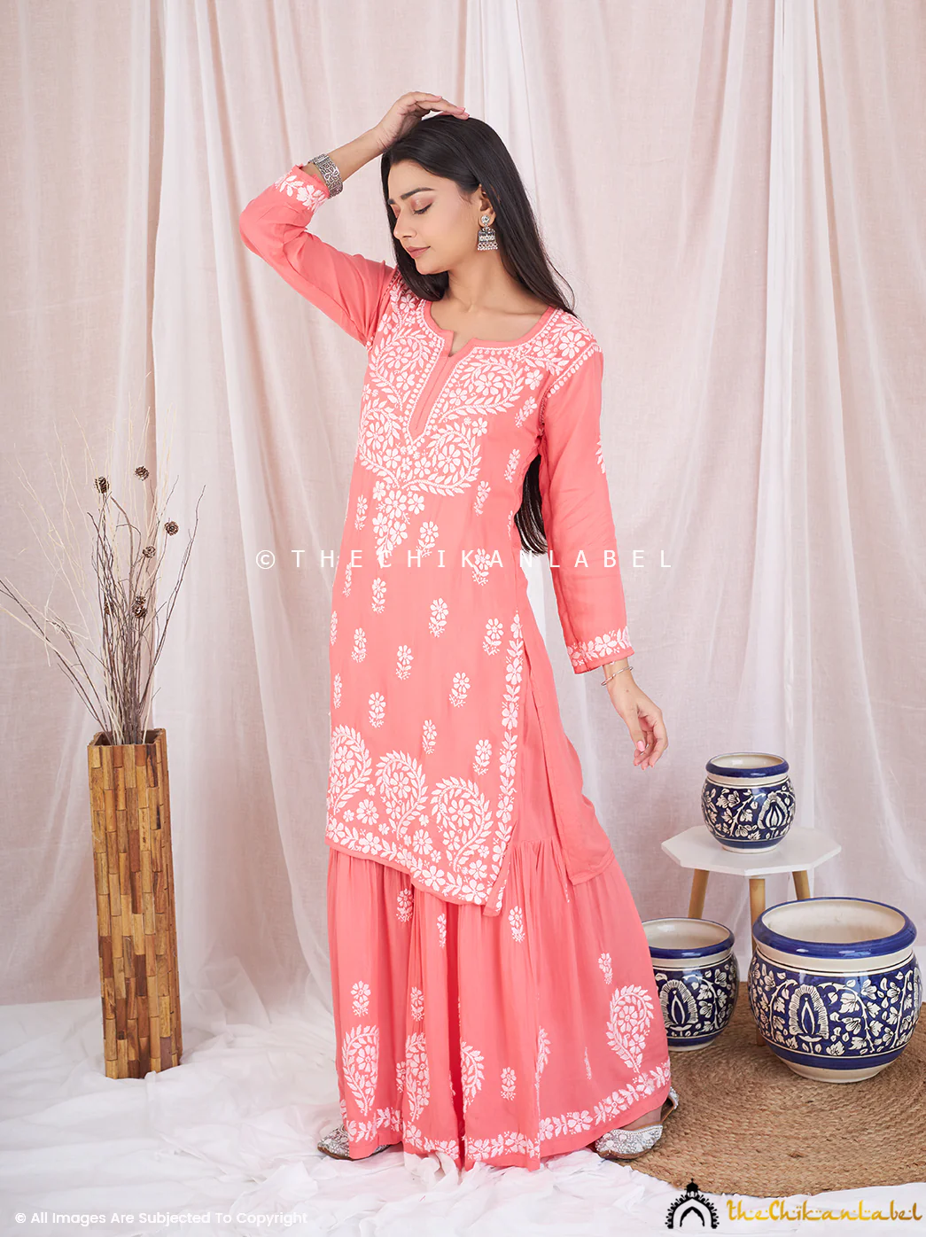 peach sun modal chikankari kurta garara set 1 - Image 5