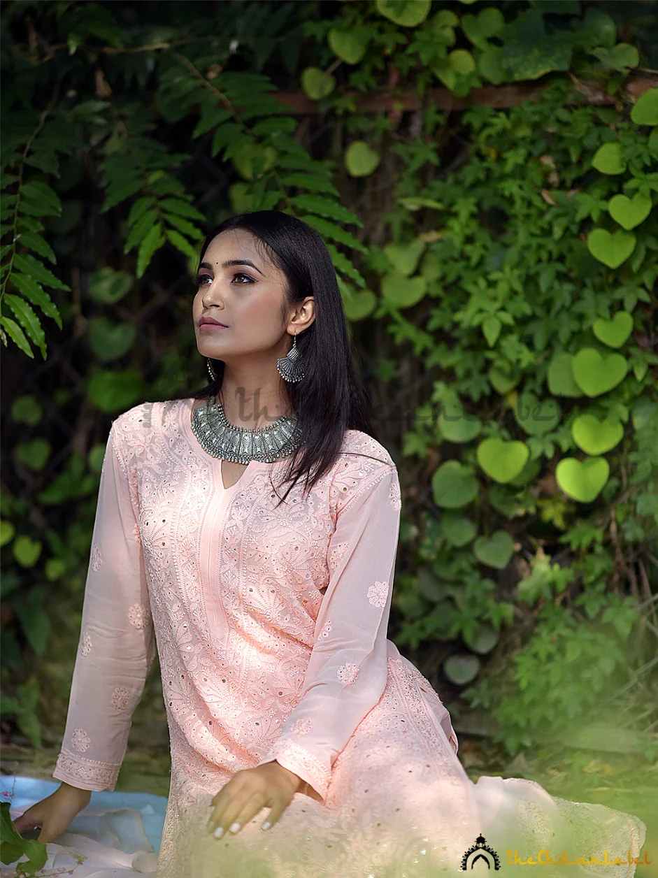 Tara Viscose Chikankari Straight Kurta Set with Dupatta - Peach - Image 4