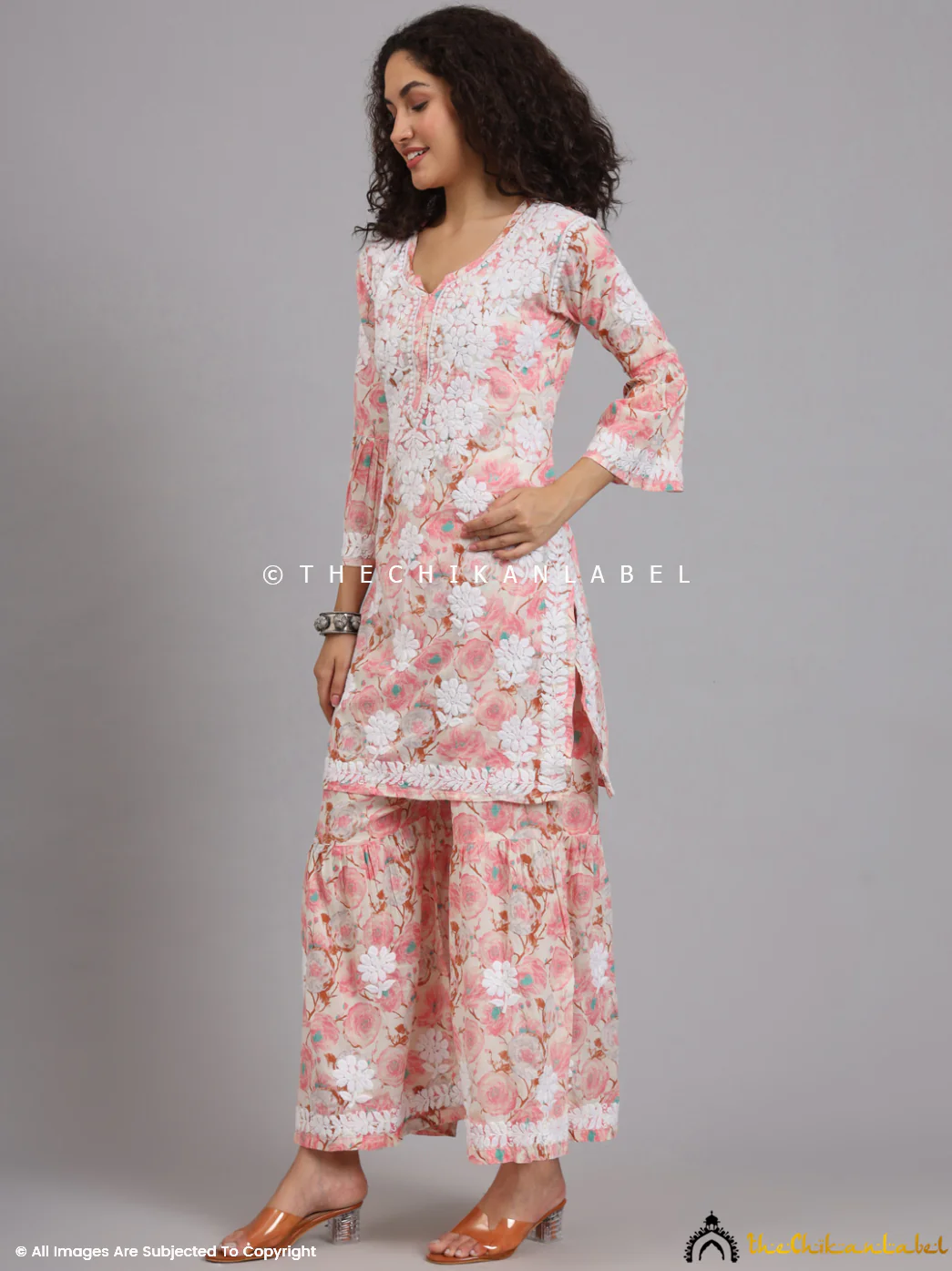 Tarz Mulmul Cotton Chikankari Kurta Garara Set - Peach - Image 10