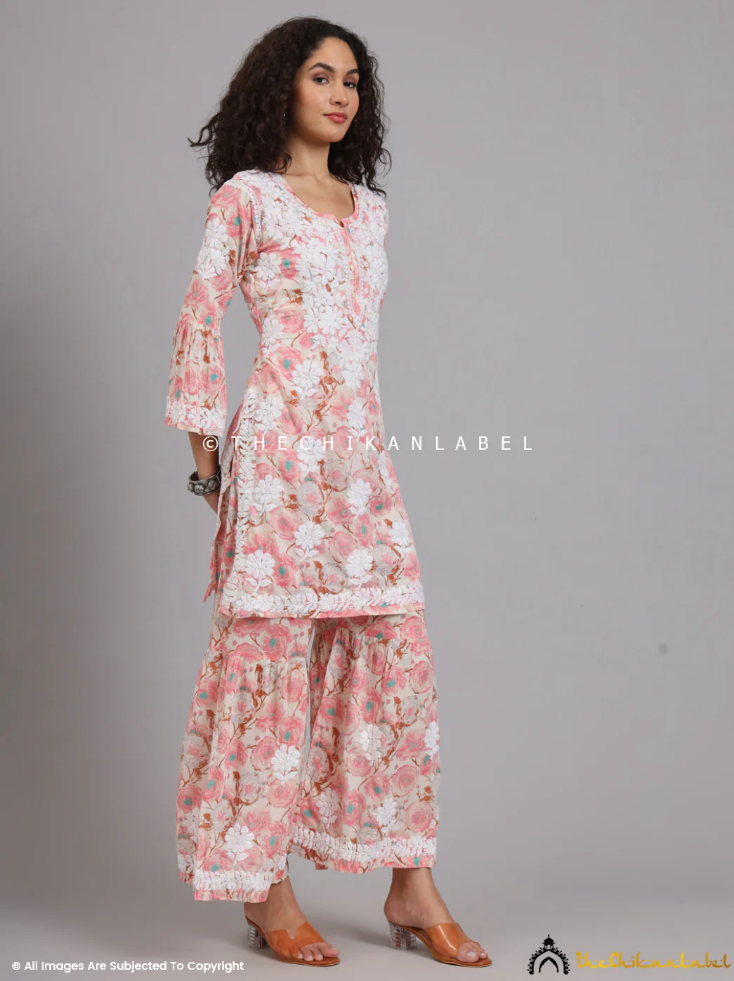 Tarz Mulmul Cotton Chikankari Kurta Garara Set - Peach - Image 11