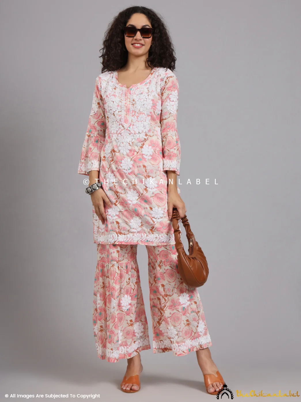 Tarz Mulmul Cotton Chikankari Kurta Garara Set - Peach - Image 12