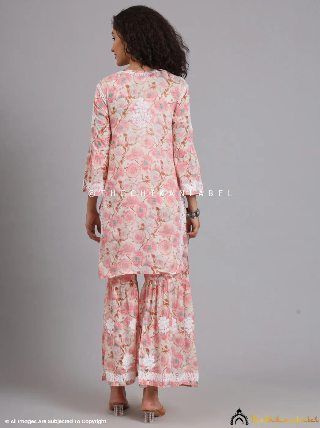 Tarz Mulmul Cotton Chikankari Kurta Garara Set - Peach - Image 3