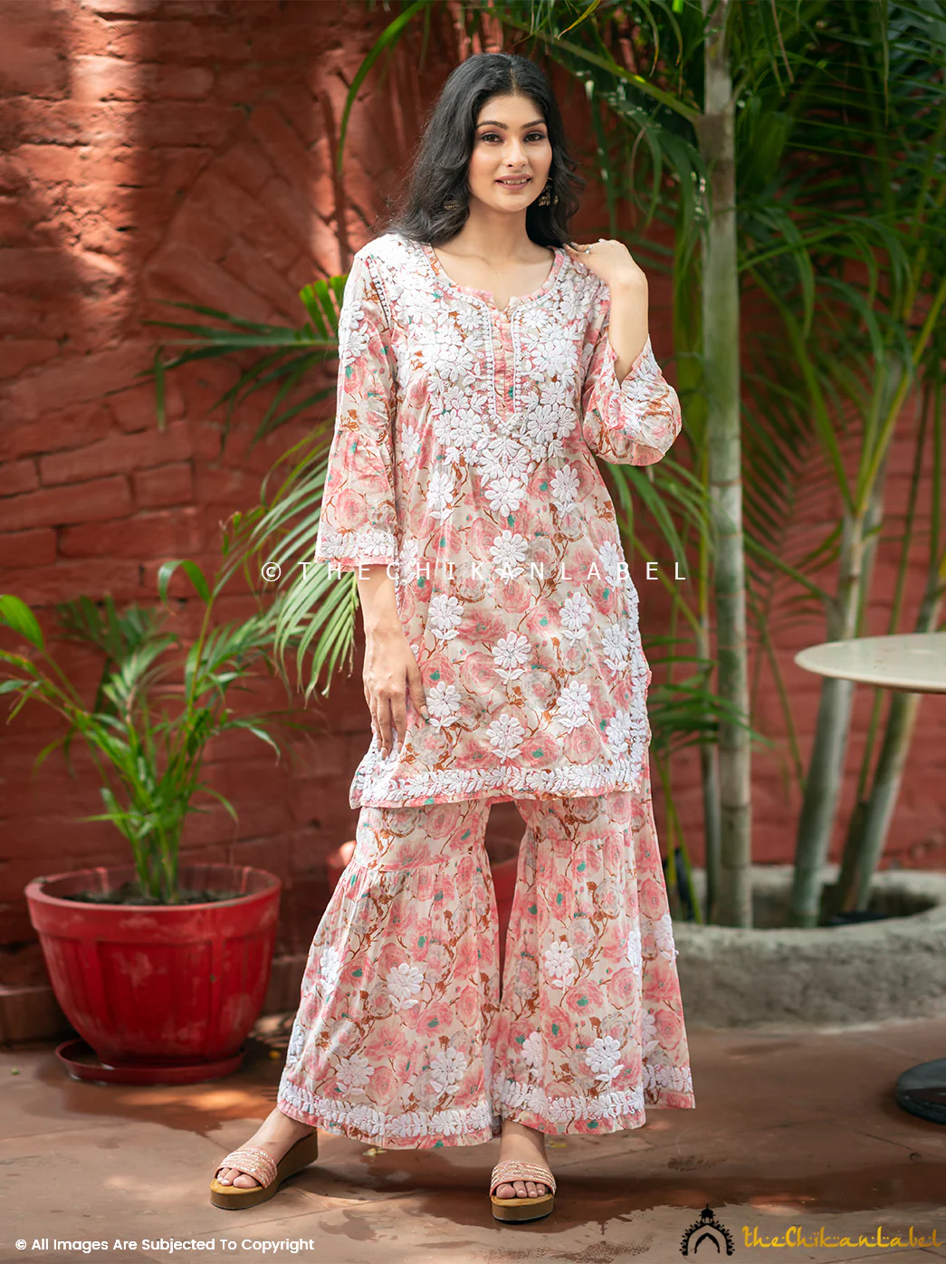 Tarz Mulmul Cotton Chikankari Kurta Garara Set - Peach - Image 5
