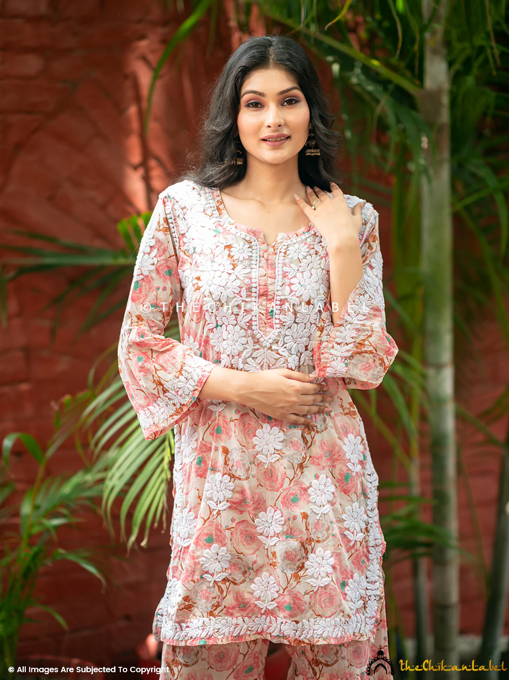 Tarz Mulmul Cotton Chikankari Kurta Garara Set - Peach - Image 6