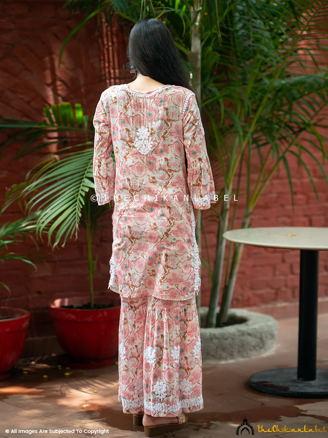 Tarz Mulmul Cotton Chikankari Kurta Garara Set - Peach - Image 7